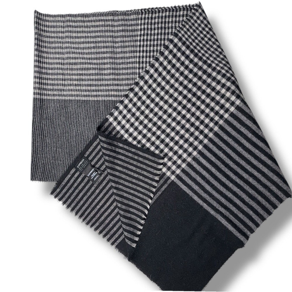 EXPRESS Unisex Black White Gingham Stripe Scarf Soft Fringed‎ Edges Viscose/Poly